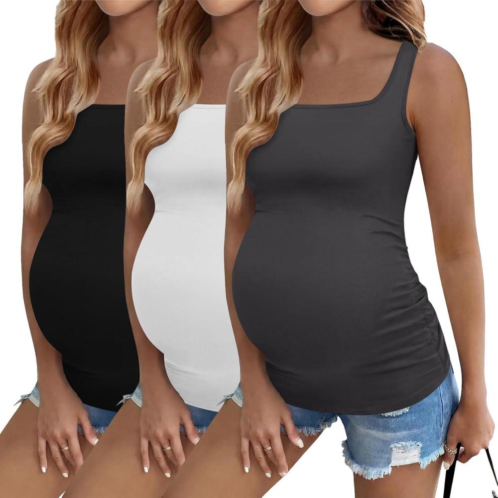 imageEkouaer Maternity Tank Tops 3 Pack Square Neck Pregnancy Shirts for Women Summer Ruched Side Sleeveless Pregnant Clothes TopDark GreyWhiteBlack