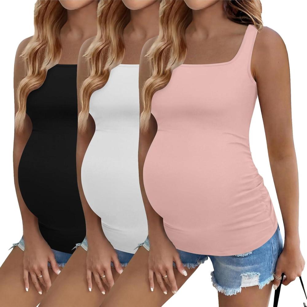 imageEkouaer Maternity Tank Tops 3 Pack Square Neck Pregnancy Shirts for Women Summer Ruched Side Sleeveless Pregnant Clothes TopDirty PinkWhiteBlack