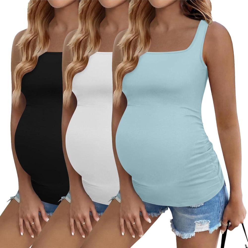 imageEkouaer Maternity Tank Tops 3 Pack Square Neck Pregnancy Shirts for Women Summer Ruched Side Sleeveless Pregnant Clothes TopLight BlueWhiteBlack