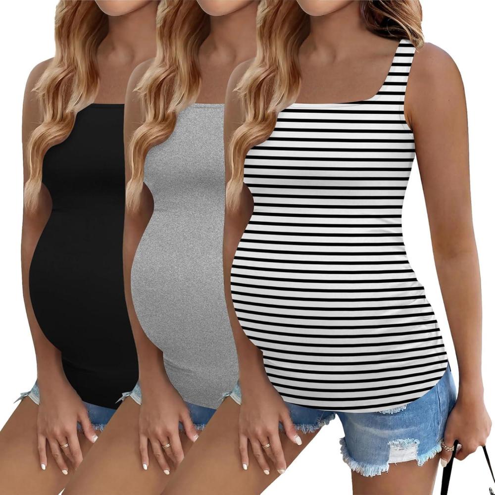imageEkouaer Maternity Tank Tops 3 Pack Square Neck Pregnancy Shirts for Women Summer Ruched Side Sleeveless Pregnant Clothes TopLight GreyWhite StripedBlack