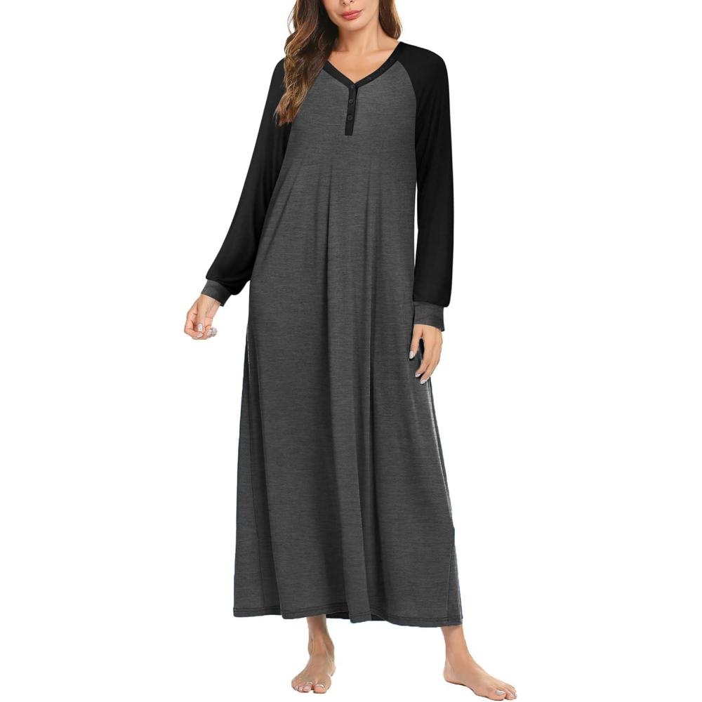 imageEkouaer Nightgown Long Sleeve for Women Sleepwear V Neck Loungewear Button Full Length NightshirtAdark Grey