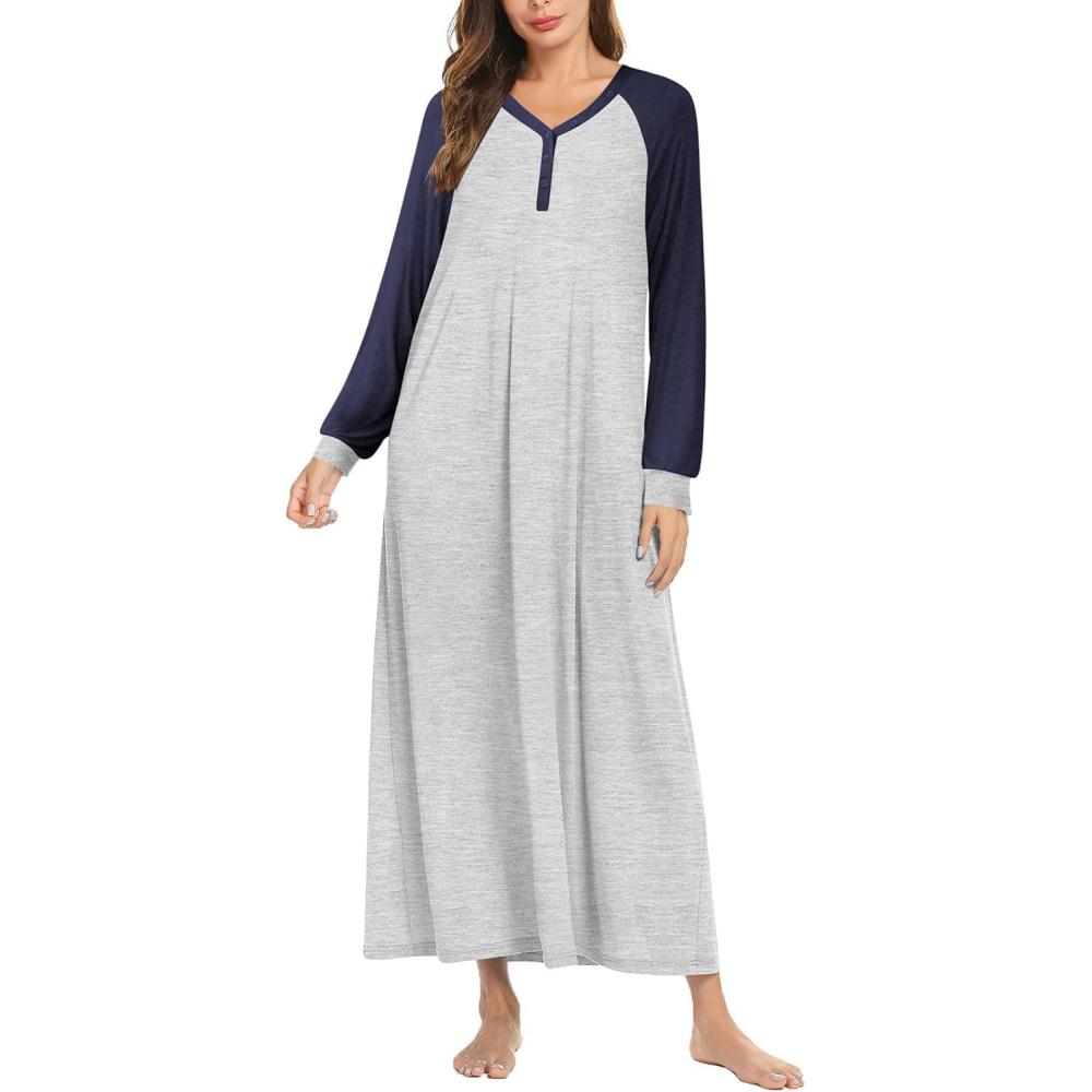 imageEkouaer Nightgown Long Sleeve for Women Sleepwear V Neck Loungewear Button Full Length NightshirtAnavy Blue