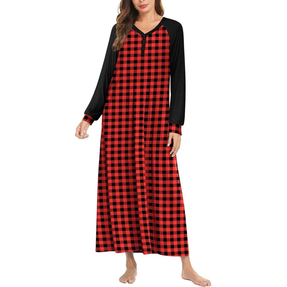 imageEkouaer Nightgown Long Sleeve for Women Sleepwear V Neck Loungewear Button Full Length NightshirtAred Black Plaid