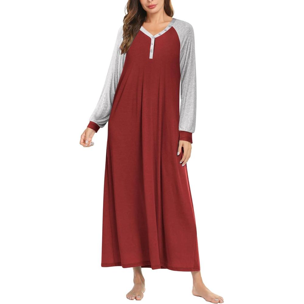 imageEkouaer Nightgown Long Sleeve for Women Sleepwear V Neck Loungewear Button Full Length NightshirtAwine Red1