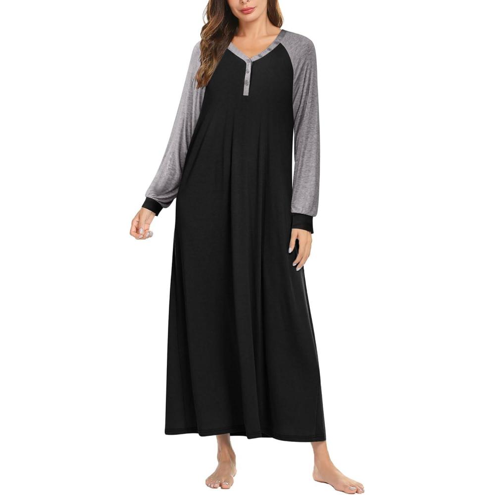 imageEkouaer Nightgown Long Sleeve for Women Sleepwear V Neck Loungewear Button Full Length NightshirtBlack3
