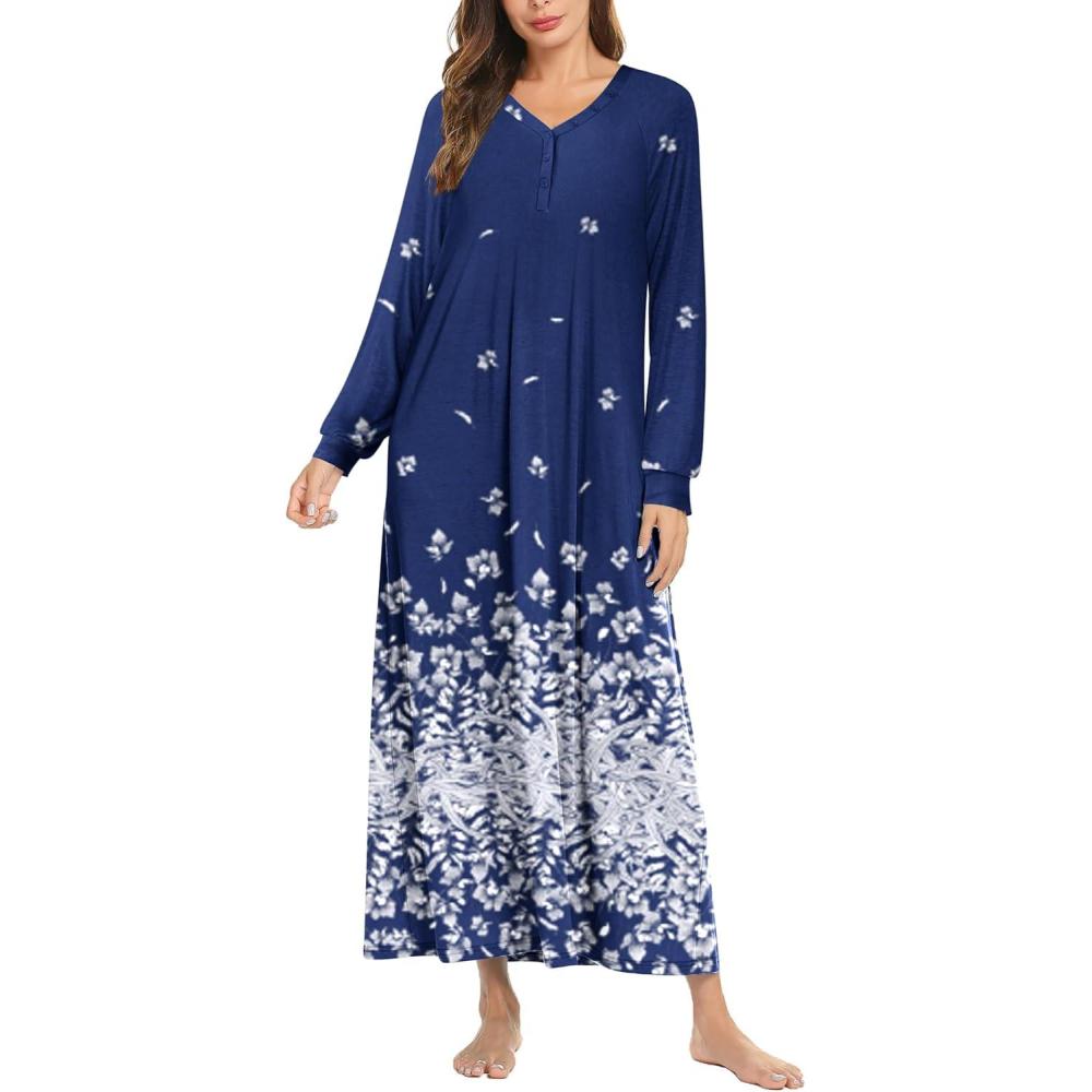 imageEkouaer Nightgown Long Sleeve for Women Sleepwear V Neck Loungewear Button Full Length NightshirtGrey Flower