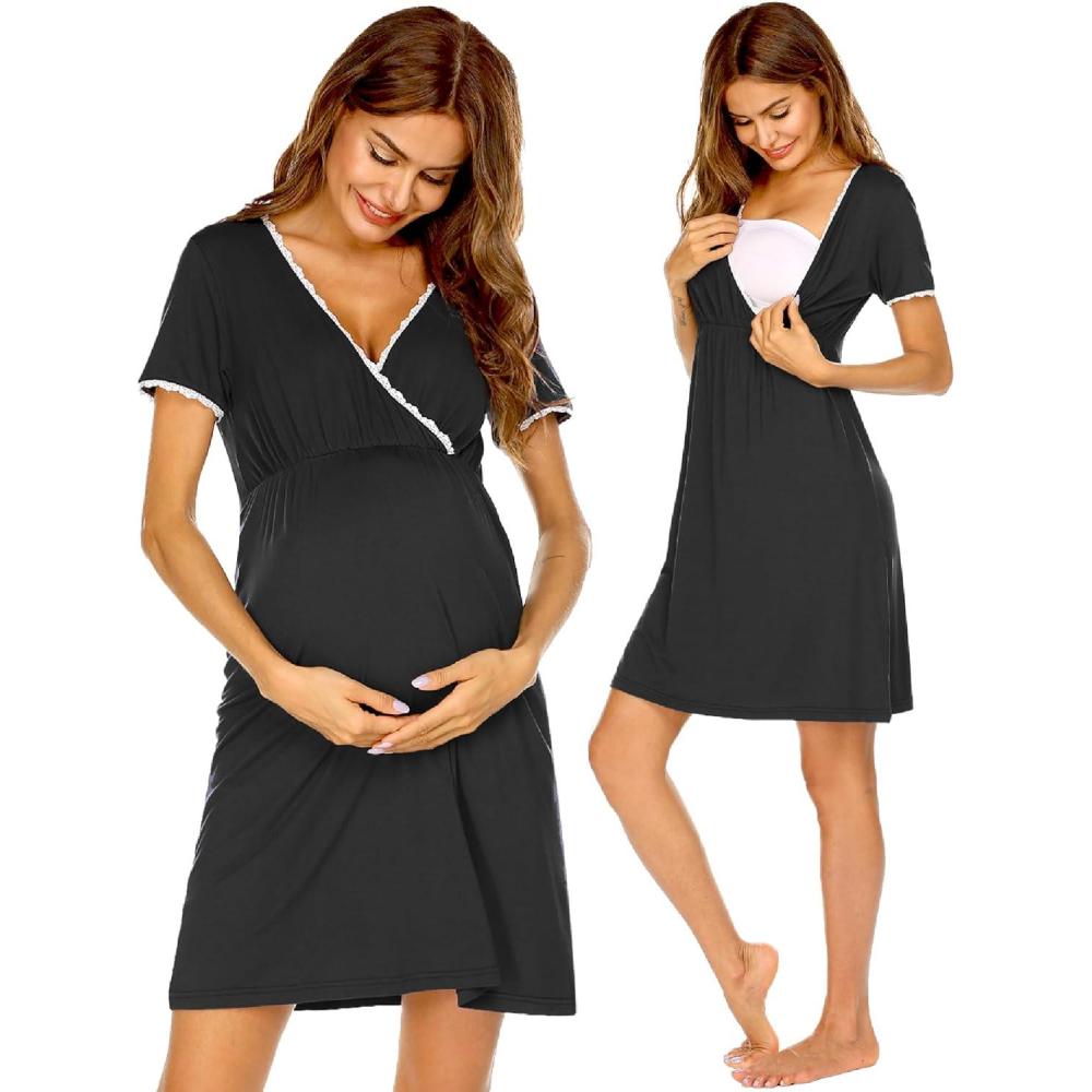 imageEkouaer Nursing Nightgown Delivery and Labor Gown for Hospital Short Sleeve Maternity Breastfeeding DressBlack