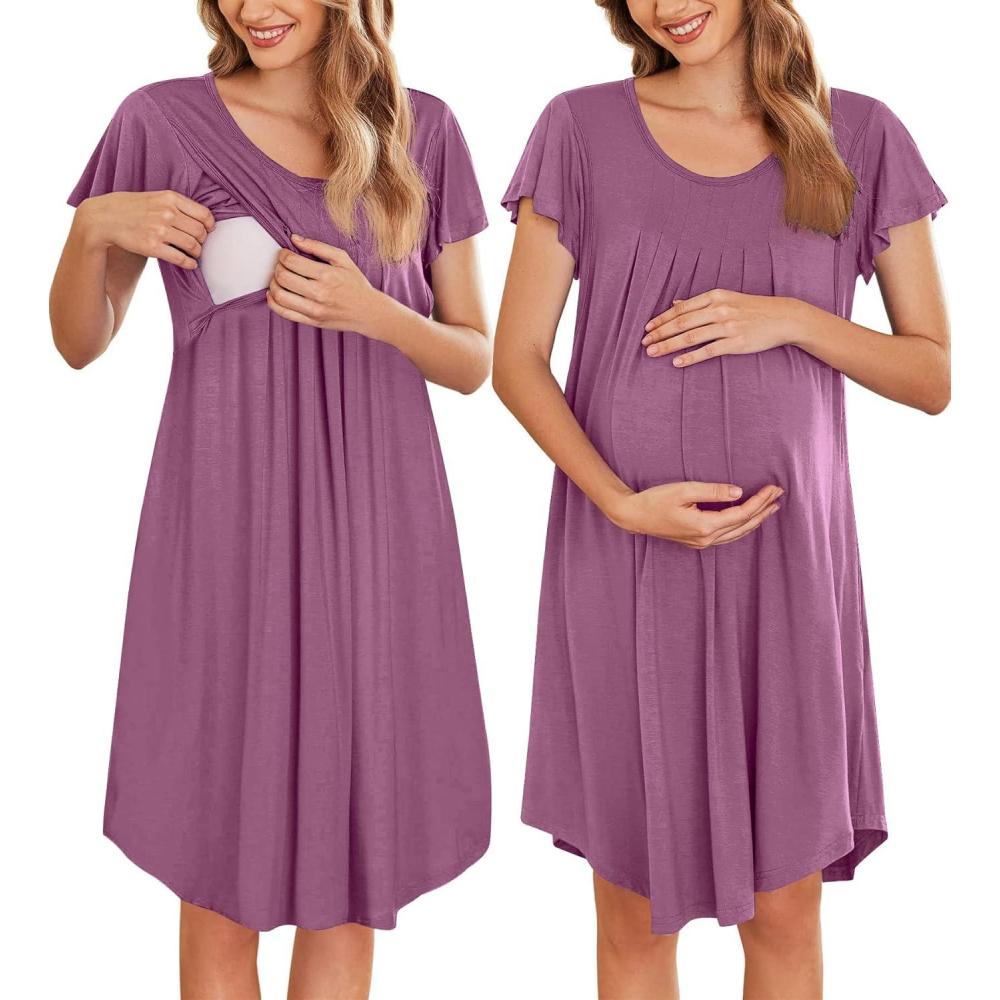 imageEkouaer Nursing Nightgown Labor and Delivery Gown Hospital Breastfeeding Dress for Women Short Sleeve Maternity SleepwearMaroon