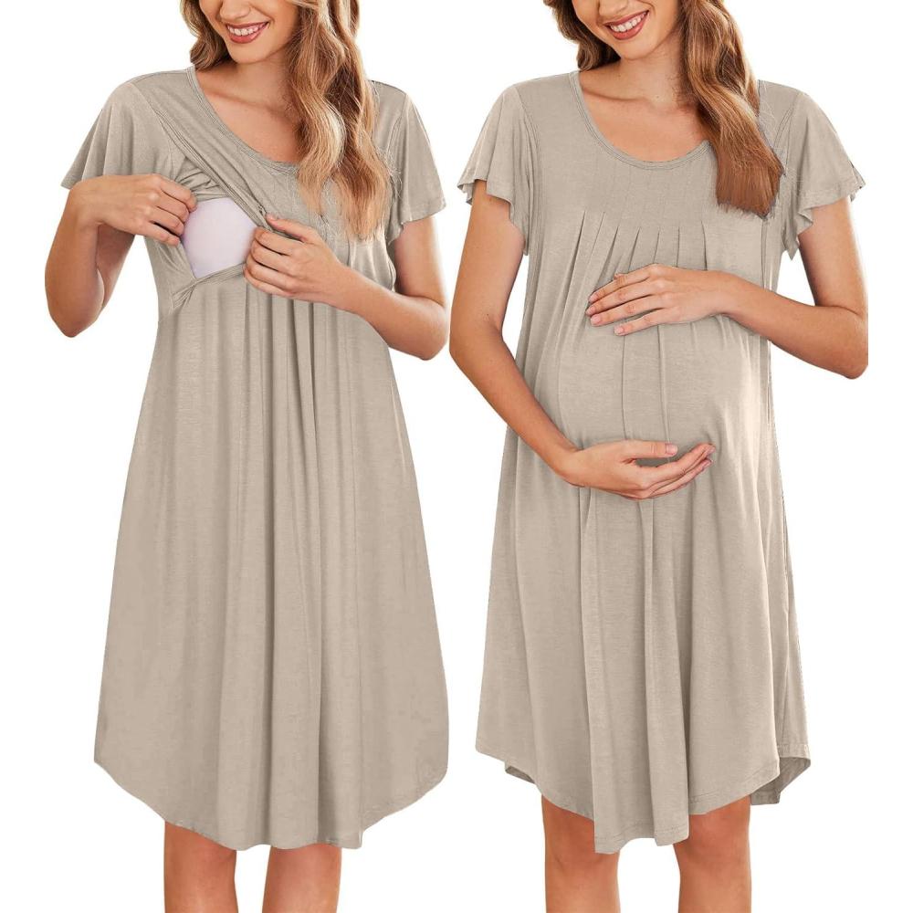 imageEkouaer Nursing Nightgown Labor and Delivery Gown Hospital Breastfeeding Dress for Women Short Sleeve Maternity SleepwearMoon Gray