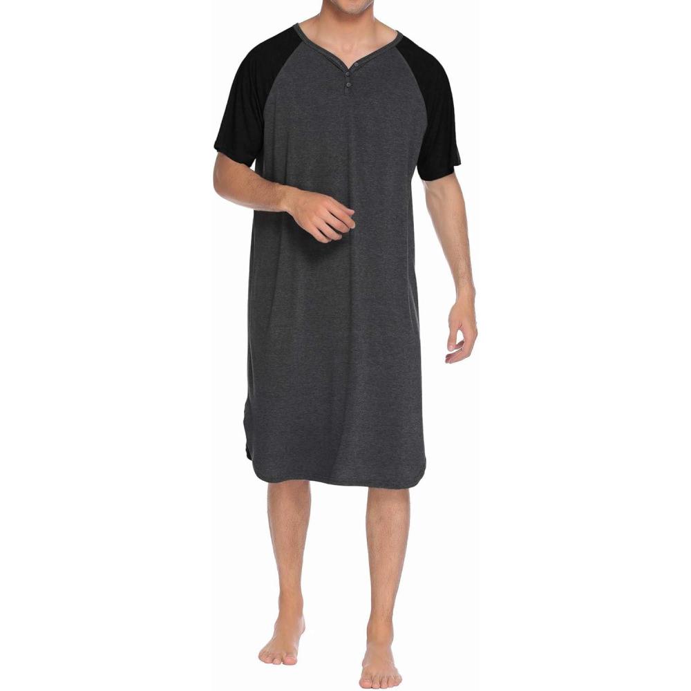 imageEkouaer Sleepwear Mens Nightshirt Short Sleeve Pajamas Comfy Big amp Tall Henley Sleep Shirt MXXXLDark Grey With Black