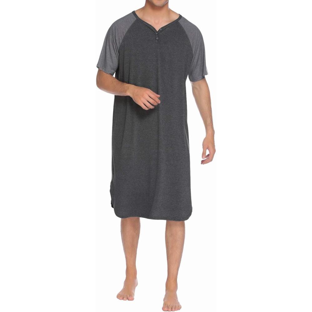 imageEkouaer Sleepwear Mens Nightshirt Short Sleeve Pajamas Comfy Big amp Tall Henley Sleep Shirt MXXXLDark Grey With Light Grey