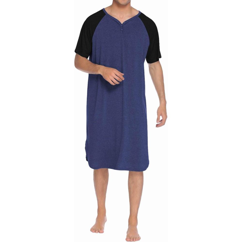 imageEkouaer Sleepwear Mens Nightshirt Short Sleeve Pajamas Comfy Big amp Tall Henley Sleep Shirt MXXXLNavy With Black