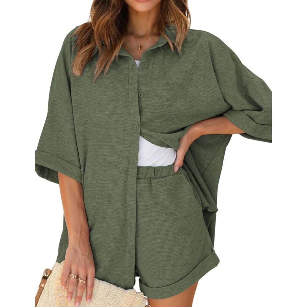 imageEkouaer Waffle Knit Lounge Sets for Women Short Sleeve Pajamas Button Down Pjs Oversized Loungewear Shorts SetArmy Green