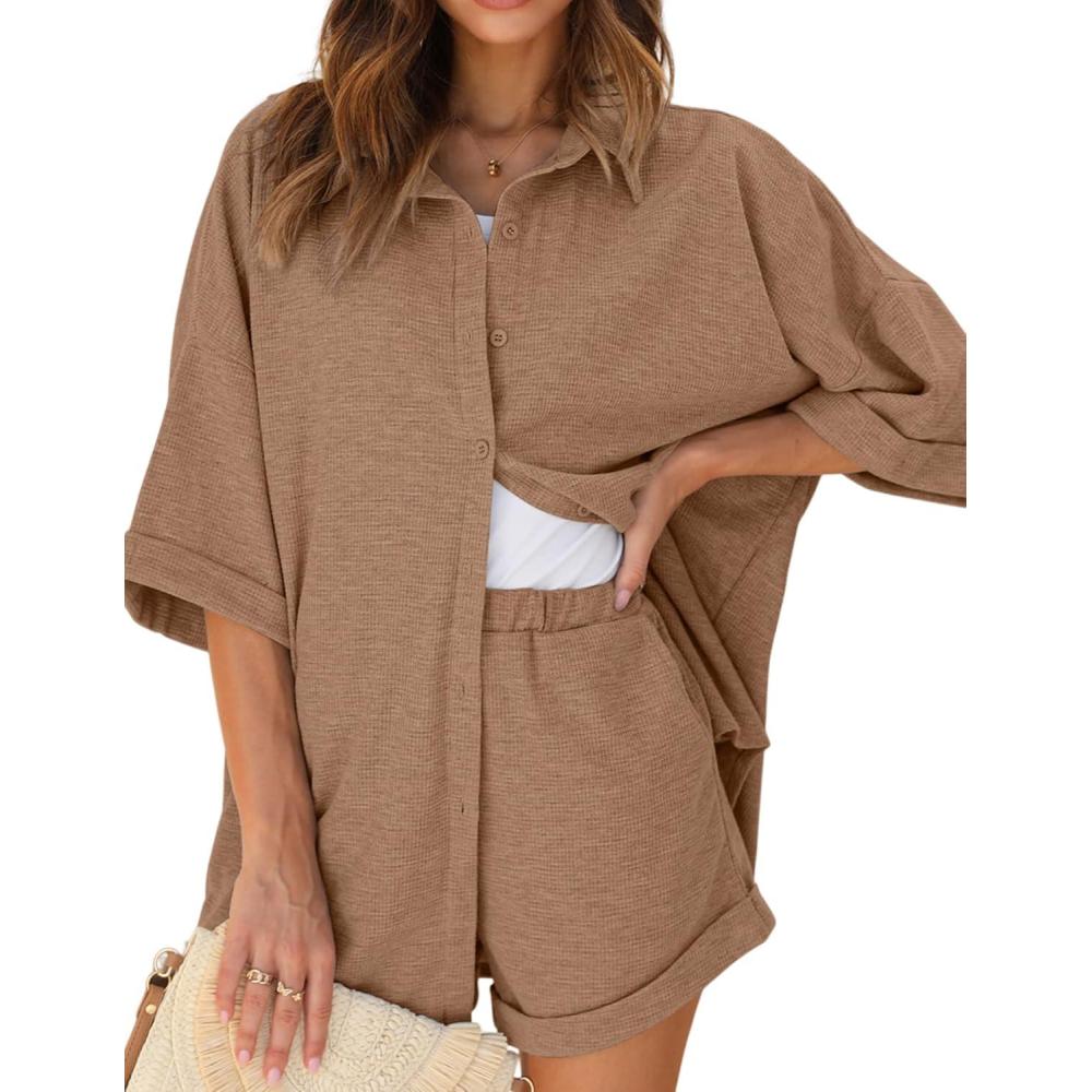 imageEkouaer Waffle Knit Lounge Sets for Women Short Sleeve Pajamas Button Down Pjs Oversized Loungewear Shorts SetBrown