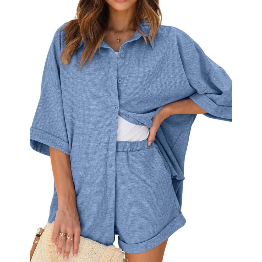 imageEkouaer Waffle Knit Lounge Sets for Women Short Sleeve Pajamas Button Down Pjs Oversized Loungewear Shorts SetLake Blue