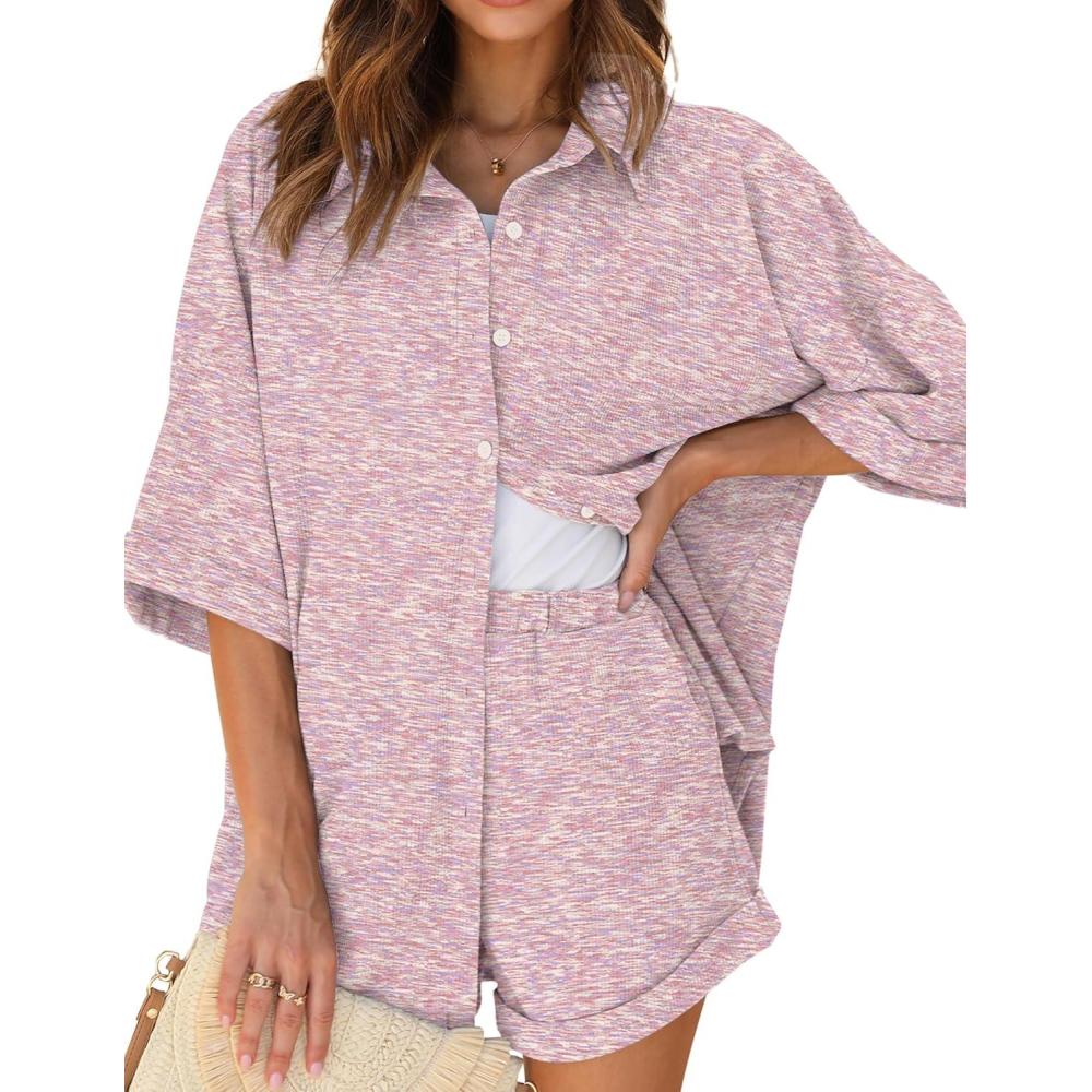 imageEkouaer Waffle Knit Lounge Sets for Women Short Sleeve Pajamas Button Down Pjs Oversized Loungewear Shorts SetPink Dye