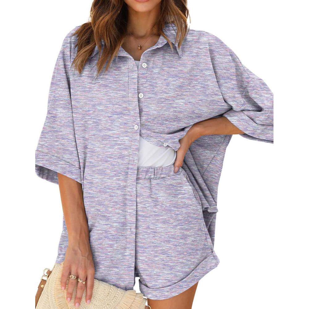imageEkouaer Waffle Knit Lounge Sets for Women Short Sleeve Pajamas Button Down Pjs Oversized Loungewear Shorts SetPurple Dye
