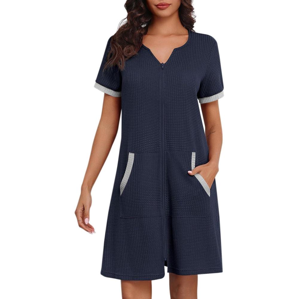 imageEkouaer Women Zipper Robe Waffle Short Sleeve Bathrobes Lightweight Knee Length Housecoat with Pockets S3XLDeep Navy Waffle