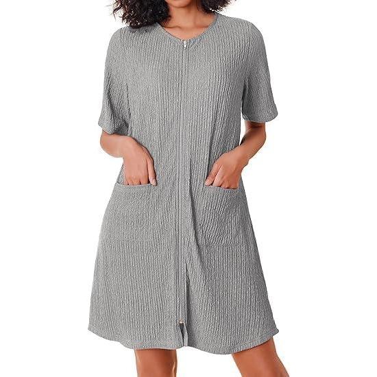 imageEkouaer Women Zipper Robes Knit Short Bathrobe Lightweight House Coat with Pockets Soft NightgownGrey