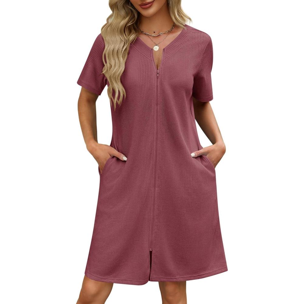 imageEkouaer Women Zipper Robes Waffle Short Bathrobe Lightweight House Coat with Pockets Soft Nightgown S3XLMauve