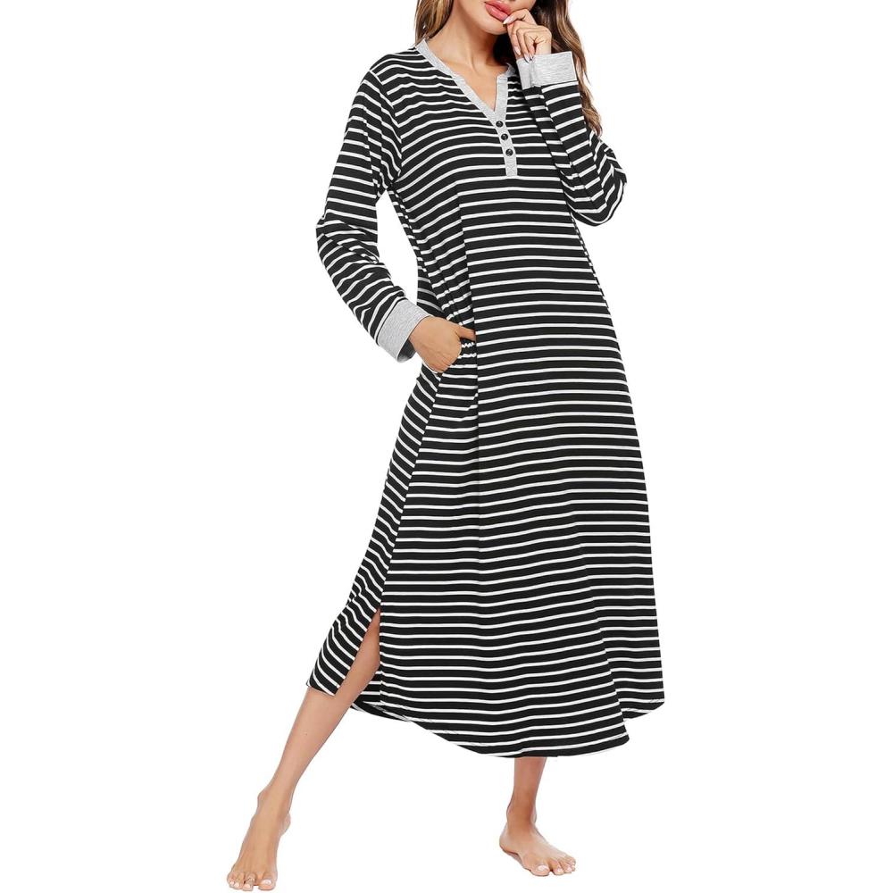 imageEkouaer Womens Nightgown Long Loungewear V Neck Nightshirt Sleepwear Full Length Sleepshirt with PocketsBlack White Striped