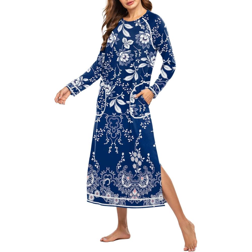 imageEkouaer Womens Nightshirt Long Sleeve Nightgown Round Neck Sleepwear Full Length Pajama Dress with Pockets Loungewear SXXLNavy Blue Flower