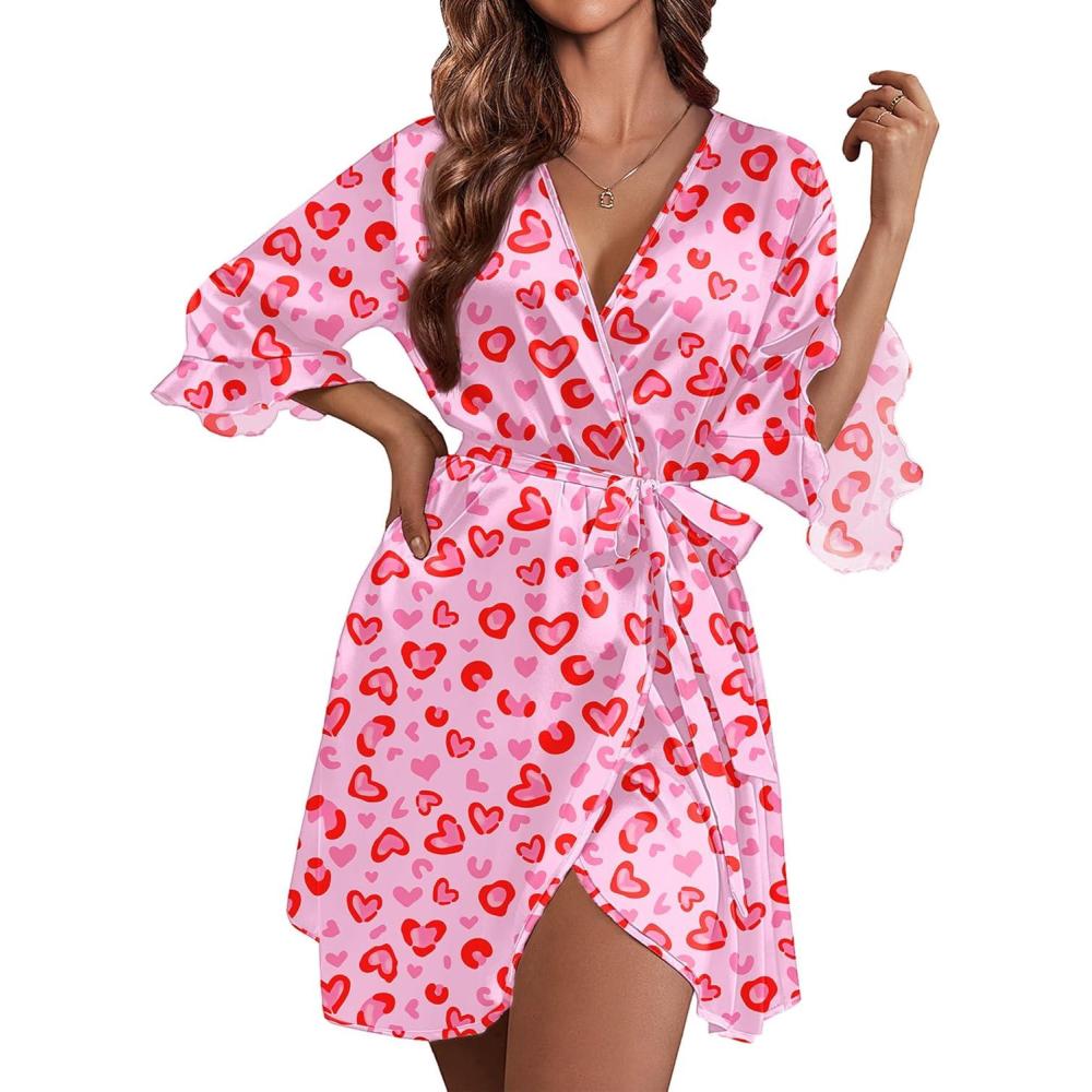 imageEkouaer Womens Satin Robe Valentines Lingerie for Women Kimono Bathrobe Short Ruffle Belted Robes Bridesmaids SleepwearLeopard Heart