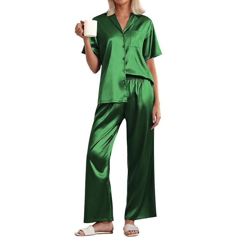 imageEkouaer Womens Silk Pajama Sets Short Sleeve Button Down Shirt with Long Pants Soft Sleepwear Satin Pjs Lounge Set SXXLDark Green