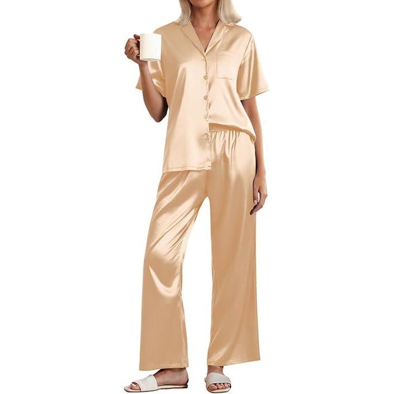 imageEkouaer Womens Silk Pajama Sets Short Sleeve Button Down Shirt with Long Pants Soft Sleepwear Satin Pjs Lounge Set SXXLKhaki