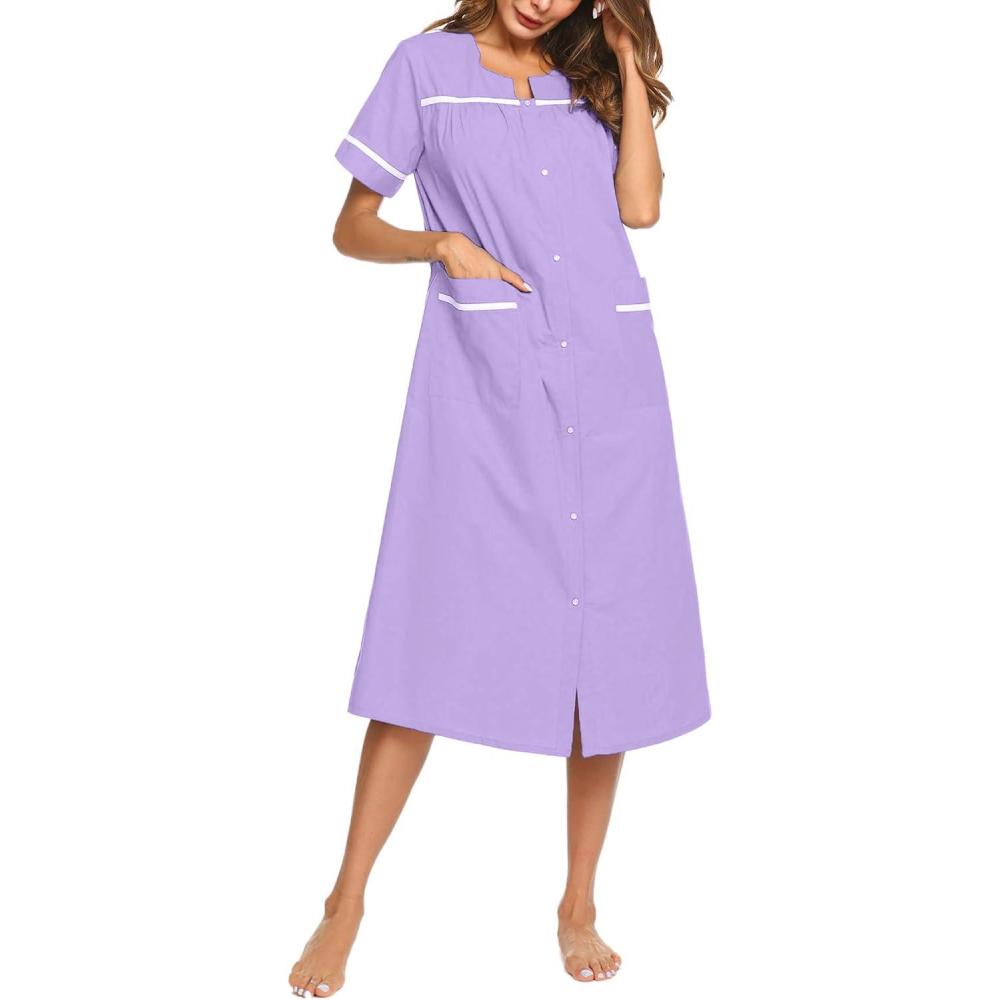 imageEkouaer Womens Snap Front Dusters Cotton Housecoat Short Sleeve Nightgown House Dress With Pockets Lilac Small