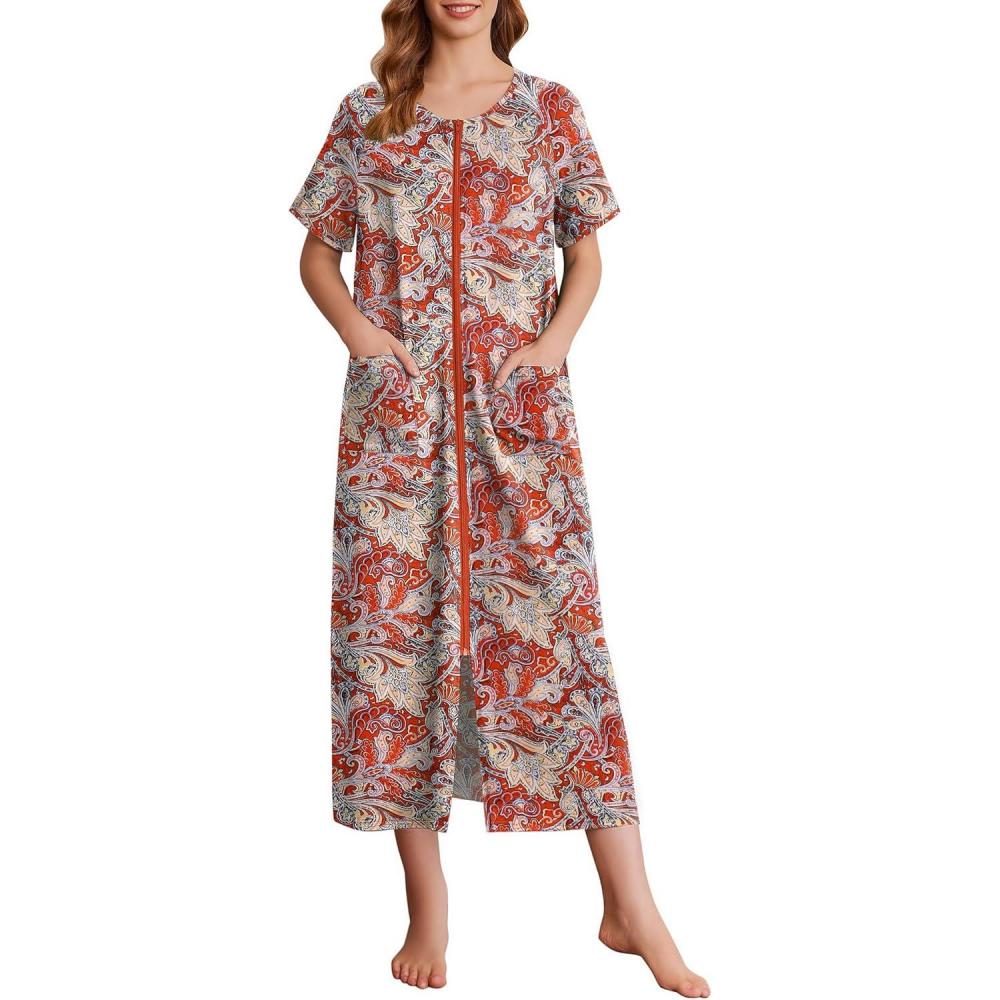 imageEkouaer Womens Zipper Robes Full Length Short Sleeve Housecoats House Dress with Pockets Loungewear Nightgown Red FlowerM