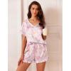 Ekouaer Satin Pajamas for Women Short Sleeve Silk Sleepwear 2 Piece Pjs Set with Ruffled Shorts Casual Loungewear(Pink Flower)