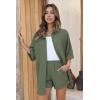 Ekouaer Waffle Knit Lounge Sets for Women Short Sleeve Pajamas Button Down Pjs Oversized Loungewear Shorts Set(Army Green)