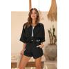 Ekouaer Waffle Knit Lounge Sets for Women Short Sleeve Pajamas Button Down Pjs Oversized Loungewear Shorts Set(Black)