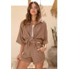 Ekouaer Waffle Knit Lounge Sets for Women Short Sleeve Pajamas Button Down Pjs Oversized Loungewear Shorts Set(Brown)
