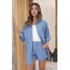 Ekouaer Waffle Knit Lounge Sets for Women Short Sleeve Pajamas Button Down Pjs Oversized Loungewear Shorts Set(Lake Blue)