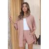 Ekouaer Waffle Knit Lounge Sets for Women Short Sleeve Pajamas Button Down Pjs Oversized Loungewear Shorts Set(Pink)