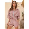Ekouaer Waffle Knit Lounge Sets for Women Short Sleeve Pajamas Button Down Pjs Oversized Loungewear Shorts Set(Pink)