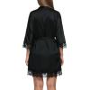 Ekouaer Womens Silk Robe Short Lace Trim Satin Robe 3/4 Sleeve Sexy Kimono Bride Robe Comfy Sleepwear with Pockets(Black)