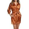 Ekouaer Womens Silk Robe Short Lace Trim Satin Robe 3/4 Sleeve Sexy Kimono Bride Robe Comfy Sleepwear with Pockets(Caramel)