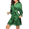 Ekouaer Womens Silk Robe Short Lace Trim Satin Robe 3/4 Sleeve Sexy Kimono Bride Robe Comfy Sleepwear with Pockets(Deep Green)
