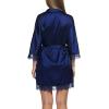 Ekouaer Womens Silk Robe Short Lace Trim Satin Robe 3/4 Sleeve Sexy Kimono Bride Robe Comfy Sleepwear with Pockets(Navy Blue)