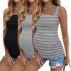 Ekouaer Maternity Tank Tops 3 Pack Square Neck Pregnancy Shirts for Women Summer Ruched Side Sleeveless Pregnant Clothes Top(Light Grey/White Striped/Black)