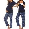 Ekouaer Women’s Maternity Nursing Pajamas Sets Breastfeeding Printed Sleepwear Short Sleeve 2 Pcs Henley Top and Pants Set(Navy Blue Print)