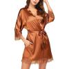Ekouaer Womens Silk Robe Short Lace Trim Satin Robe 3/4 Sleeve Sexy Kimono Bride Robe Comfy Sleepwear with Pockets(Caramel)