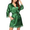 Ekouaer Womens Silk Robe Short Lace Trim Satin Robe 3/4 Sleeve Sexy Kimono Bride Robe Comfy Sleepwear with Pockets(Deep Green)