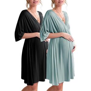 Ekouaer 3 in 1 Labor/Delivery/Hospital Gown 2 Pack Maternity Dress Nursing Nightgown Sleepwear(Black/Celadon Green)