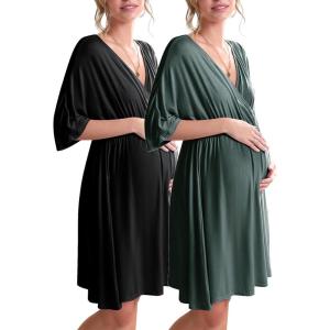 Ekouaer 3 in 1 Labor/Delivery/Hospital Gown 2 Pack Maternity Dress Nursing Nightgown Sleepwear(Black/Dark Green)