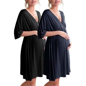 Ekouaer 3 in 1 Labor/Delivery/Hospital Gown 2 Pack Maternity Dress Nursing Nightgown Sleepwear(Black/Navy Blue)