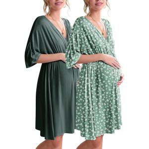 Ekouaer 3 in 1 Labor/Delivery/Hospital Gown 2 Pack Maternity Dress Nursing Nightgown Sleepwear(Dark Green/Green Floral)
